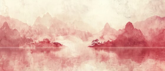 Serene red painting in traditional Chinese scroll style, with misty mountains, delicate ink brush strokes, and minimal color