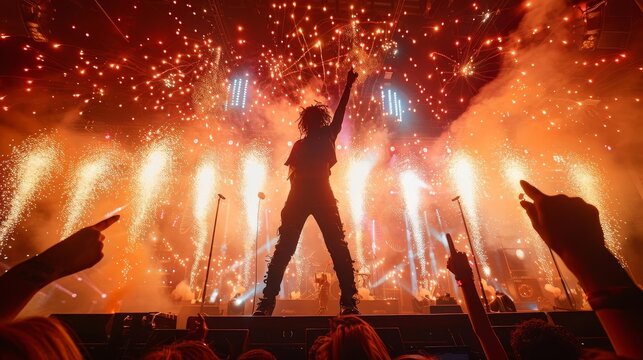 A thrilling image of a pop singer on stage with fireworks exploding in the background, enhancing the concerts excitement