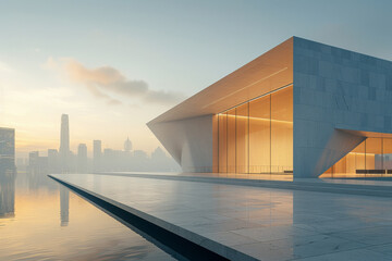 Concrete outdoor square building, The modern urban skyline is in the background.