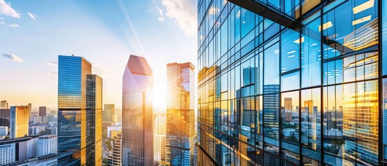 Fototapeta premium modern skyscrapers against the blue sky, with sunlight reflecting on glass facades and urban landscapes in the background