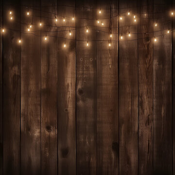 Dark brown wooden background with lights. Vintage dark wood texture with glowing garland string light for wedding
