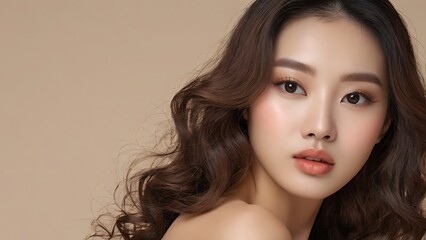 Naklejka premium An elegant young Asian woman with long, curly hair, beautifully enhanced by Korean-style makeup, showcasing her natural beauty and refined fashion sense.
