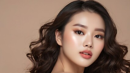 Fototapeta premium An elegant young Asian woman with long, curly hair and exquisite Korean-style makeup, highlighting her natural beauty and sophisticated fashion sense.