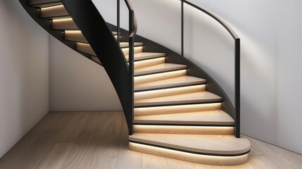 Modern minimalist spiral staircase with embedded LED strips under light wood steps.