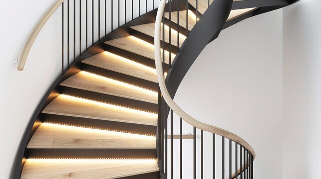 Contemporary spiral staircase with light wood and black iron accents, underlit for a sleek look.