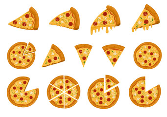 Tasty sliced pizza set. Piece of Pizza with tomato, pepperoni, pineapple, cheese, basil top view isolated on white background. Piece of pizza from top view.