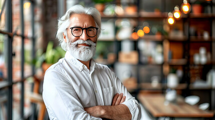 Smiling mature man wearing glasses and full beard standing confidently, professional entrepreneur indoors in business workplace
