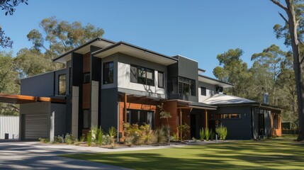 modern home exterior crafted from eco-friendly materials like reclaimed wood, recycled steel, and energy-efficient glass