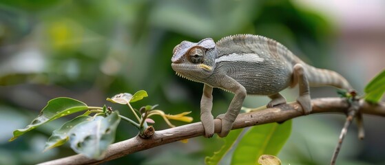 chameleon walking on a branch, blurred background