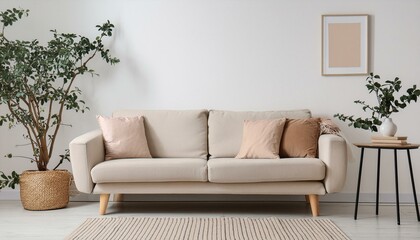 Fototapeta premium Modern living room with vacant white wall and beige couch