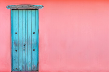 A soft periwinkle blue wooden door standing against a solid coral pink background, creating a...