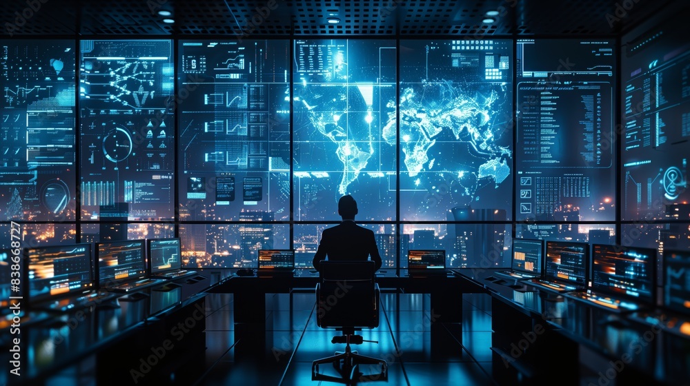Poster professional in control room monitoring data. professional in a control room monitoring multiple dat