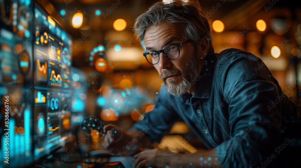 Poster focused professional analyzing data. mature professional with glasses analyzing data on multiple scr