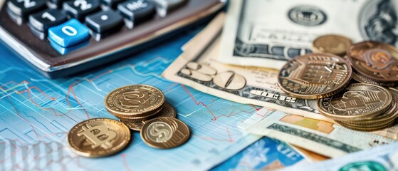 financial charts and coins on a blue background with a calculator
