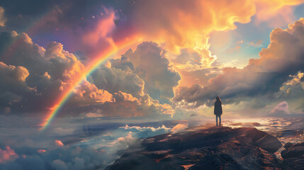 A girl looks forward stands on a rock, a rainbow