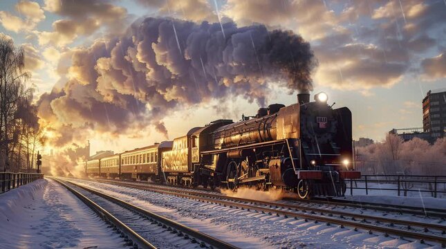 Vintage locomotive chugging through evening rain, nostalgic railway journey
 Seamless looping 4k time-lapse virtual video animation background. Generated AI