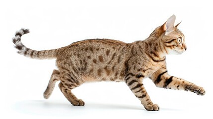 Naklejka premium Bengal cat with beautiful spotted fur walking gracefully on a white background, capturing the elegance and agility of this exotic breed.