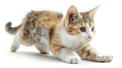 Playful kitten crouched and ready to pounce on a white background. Adorable and energetic young cat photographed close-up.
