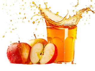 Fresh apple juice splashing out of a glass with whole and sliced apples, highlighting refreshment and natural fruit goodness.transparent, png,