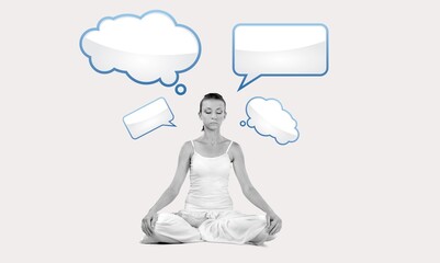 Creative collage of shy woman with speech bubble