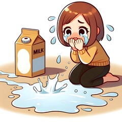 Cry over spilled milk, English idiom. A person crying while looking at a puddle of spilled milk.