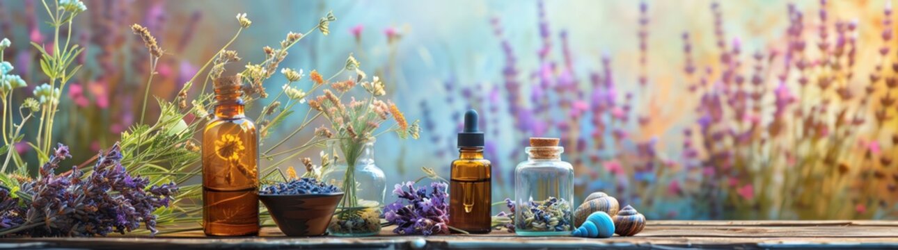 A vibrant banner showcasing essential oils, dried herbs and flowers in various glass bottles on an old wooden table with a colorful background