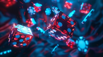 casino background with red dice and blue chips flying, with motion blur, shiny particles, and a glow effect