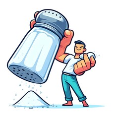 Take with a grain of salt, English idiom. A person holding a giant salt shaker, taking a single grain of salt.