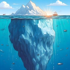 The tip of the iceberg, English idiom. A small tip of an iceberg visible above water, with a massive portion underwater.