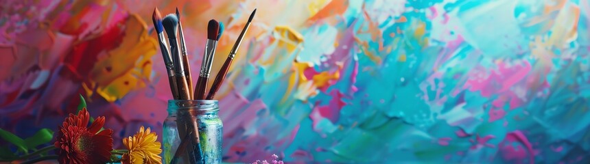 Fototapeta premium Colorful painting background in the style of with paintbrushes in jar and flowers