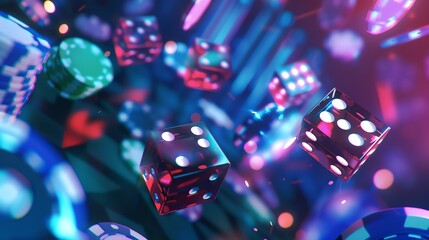 casino background with dice and chips flying in the air
