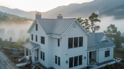 Aerial view of a newly constructed craftsman style white house with steel gray accents, in a misty mountain setting, showcasing minimalist and sleek design.