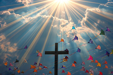 A cross against a backdrop of colorful kites flying in the sky, illuminated by radiant sunrays,...