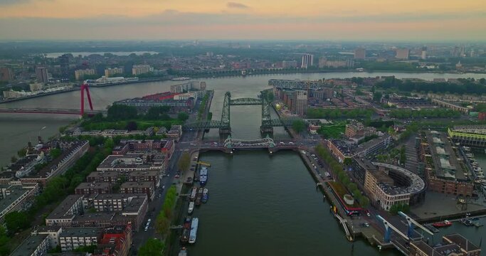 Aerial view of the Erasmus Bridge and island in the center of Rotterdam, Netherlands