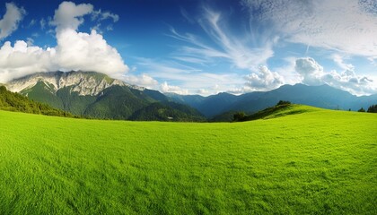 Fototapeta premium Panoramic natural landscape with green grass field, blue sky with clouds and mountains in background.