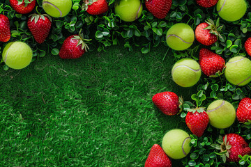 Overhead view of tennis balls and summer strawberries on a grass court background