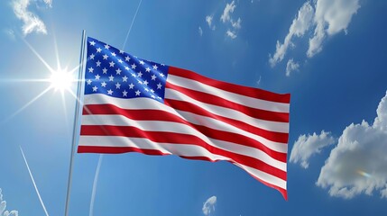 Obraz premium Photo of American flag waving in the wind with a blue sky background