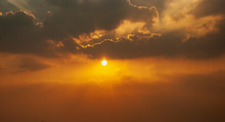 Golden sky sunrise dramatic beautiful landscape view. Dawn sky gold dusk time cloudscape with sunlight. Dramatic sunset scenic landscape. Beautiful landscape sunshine nature