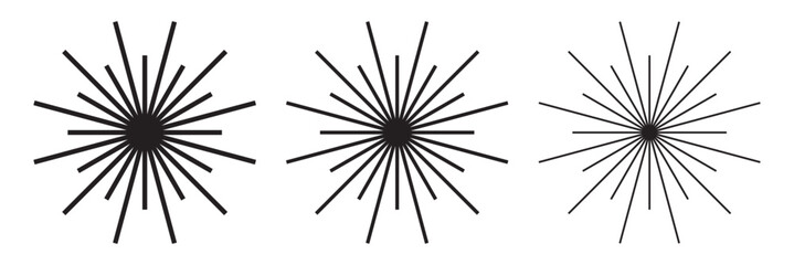 Obraz premium Radial circle lines. Circular radiating lines geometric element. Sun star rays symbol. Spokes with radiating stripes. Abstract illusion geometric shapes. 11:11