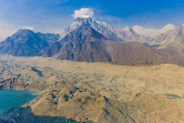 Himalaya mountains landscape with high altitude snow and ice glacier summit peaks. Everest Base Camp Solo Khumbu trekking region in Nepal. Beautiful Himalayas eight thouthander summits under blue sky