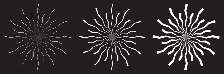 Radial circle lines. Circular radiating lines geometric element. Sun star rays symbol. Spokes with radiating stripes. Abstract illusion geometric shapes. 11:11