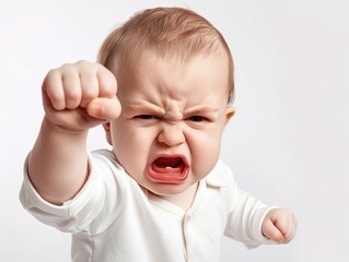 Angry Baby Throwing His Fist Up in the Air Against a White Background, Photorealistic Style. Intense Emotion and Dynamic Gesture Captured in High Detail.
