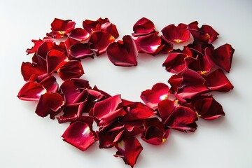 Red rose petals scattered across a white surface, creating a heart shape