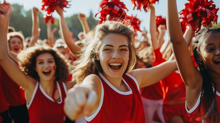 Outdoor cheerleaders celebrate, smile, and win with enjoyment, excitement, and collaboration. Female, male, and group cheering, grass field or chanting for fitness, support, and incentive