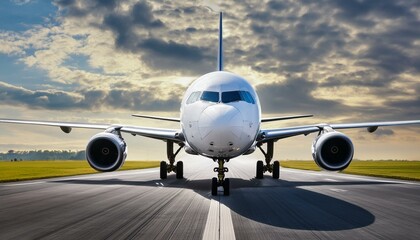 Naklejka premium Ready for departure, Airplane prepares for takeoff on airport runway, front view, horizontal wallpaper.