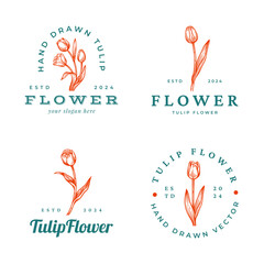 Set of Hand Drawn Tulip Flower Logo. Floral Botanical Emblem Design Collection