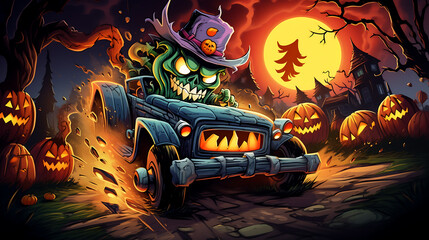 Halloween background with scary pumpkins and monster car. Vector illustration.