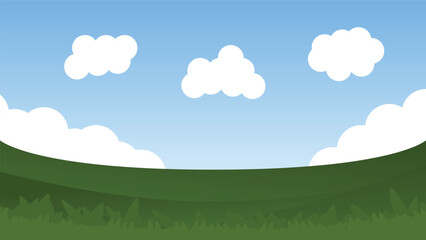nature landscape cartoon scene. green field with white fluffy cloud and blue sky background