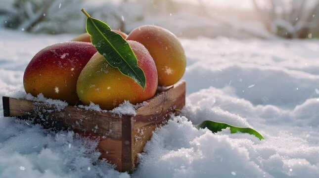 Fresh mango placed on a rustic wooden box atop a pristine snow surface
 Seamless looping 4k time-lapse virtual video animation background. Generated AI