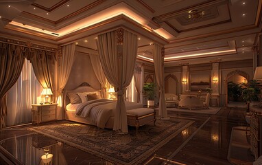 Grand mansion master bedroom with a big fourpost canopy bed, photorealistic detail, luxurious decor, warm and inviting lighting